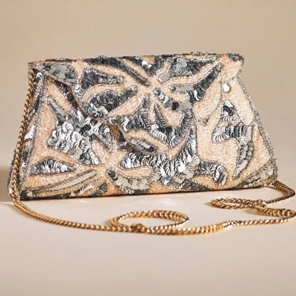 Anthropologie Sequin Leaf Pattern Clutch - Silver and Cream